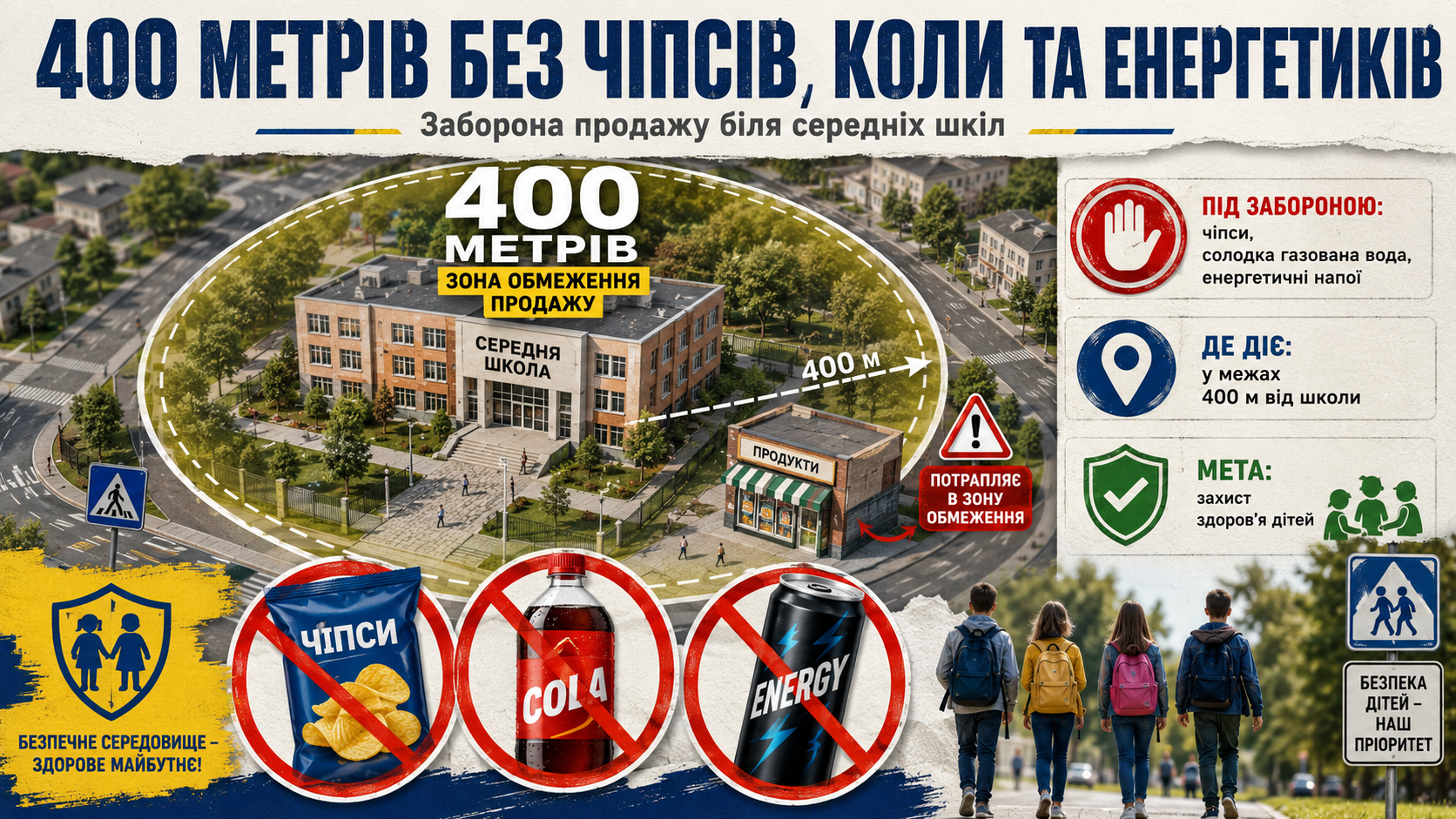 400 метрів по периметру: нардеп від “Слуги народу” пропонує заборонити продаж чіпсів та енергетиків біля шкіл